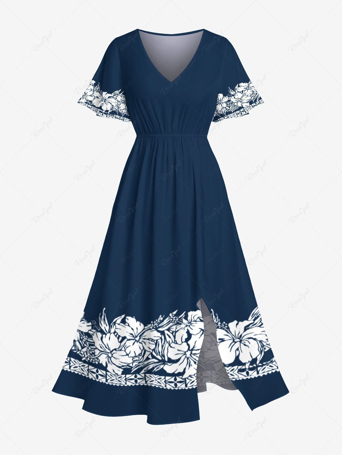 New Plus Size Tropical Leaf Hibiscus Flowers Print Split Hawaii Midi Dress  