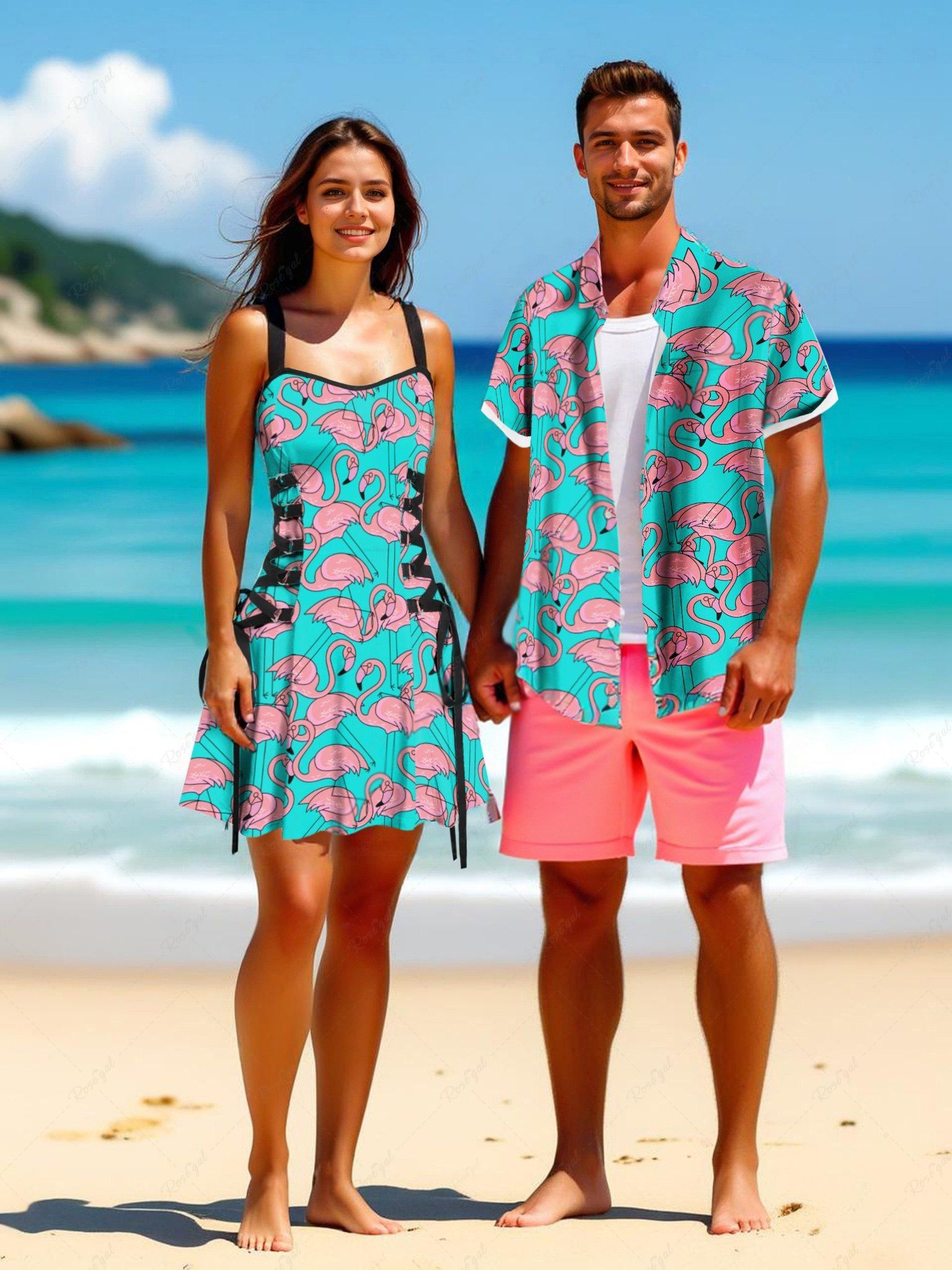 Tenue de plage hawaïenne assortie grande taille à imprimé flamant rose pour couples Vert clair 
