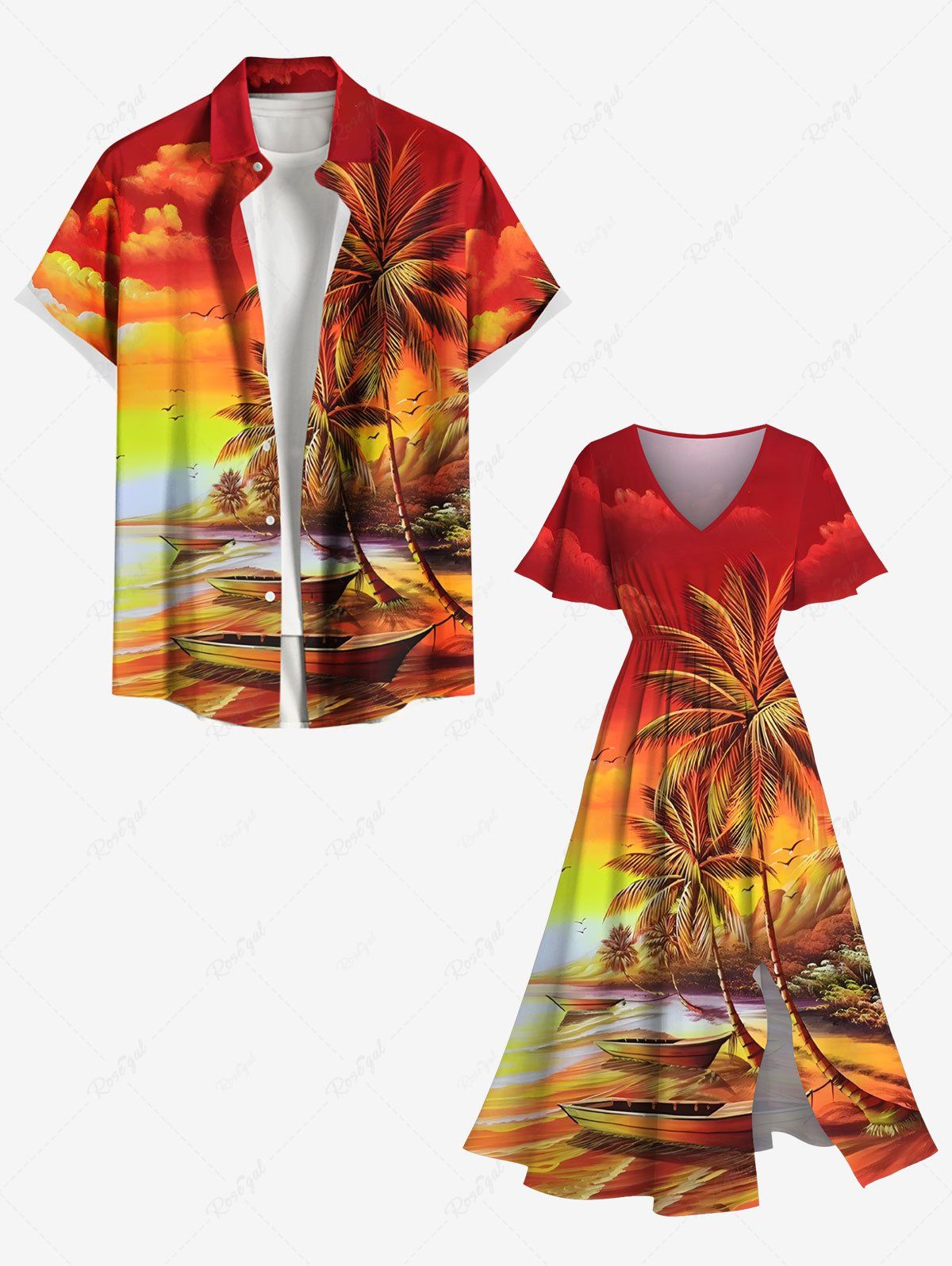 Tenue de plage hawaïenne assortie grande taille pour couple, motif cocotier, paysage marin, bateau, oiseau, nuage, ciel ombré Orange 