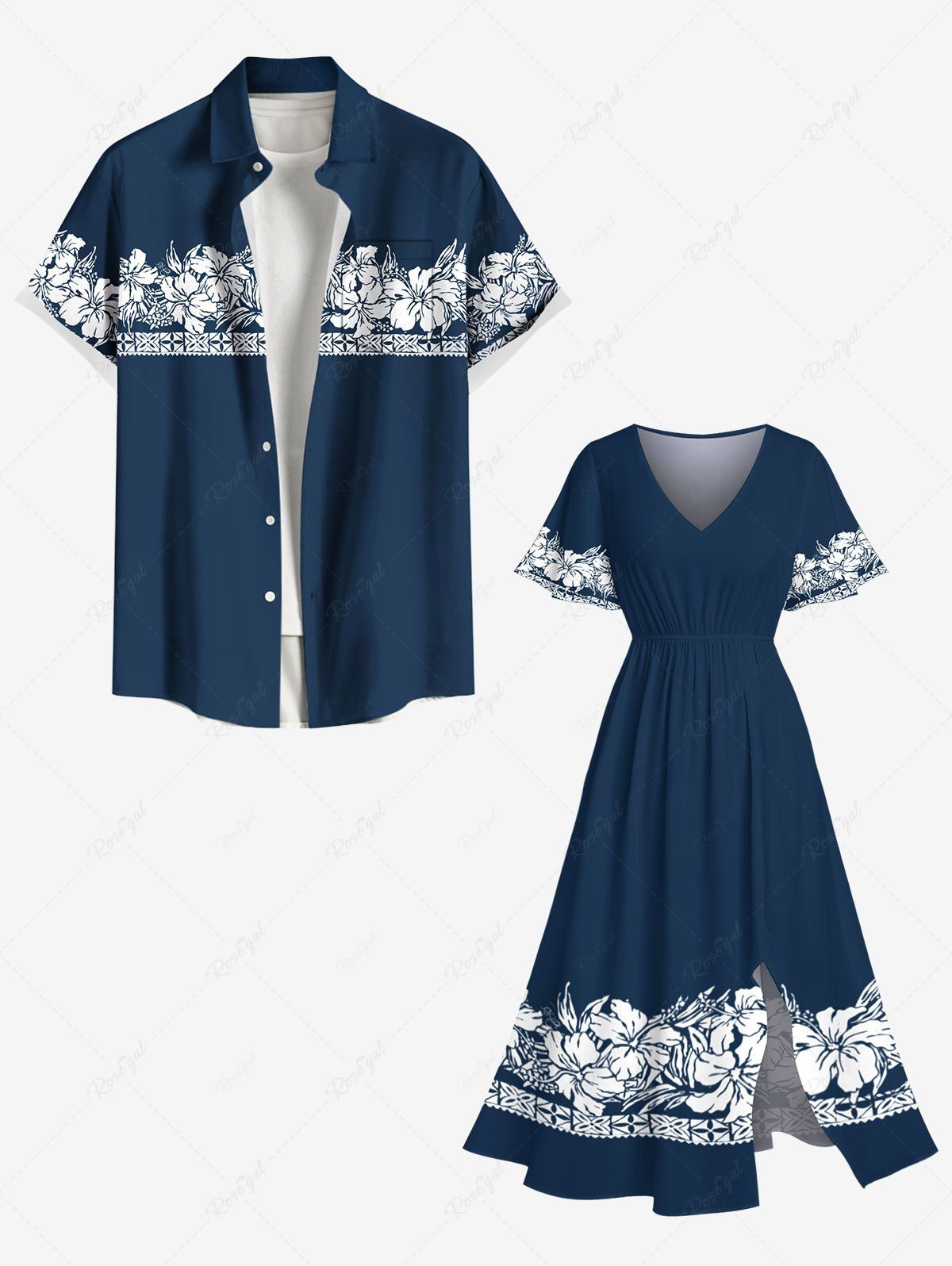 Online Tropical Leaf Hibiscus Flowers Print Plus Size Matching Hawaii Beach Outfit For Couples  