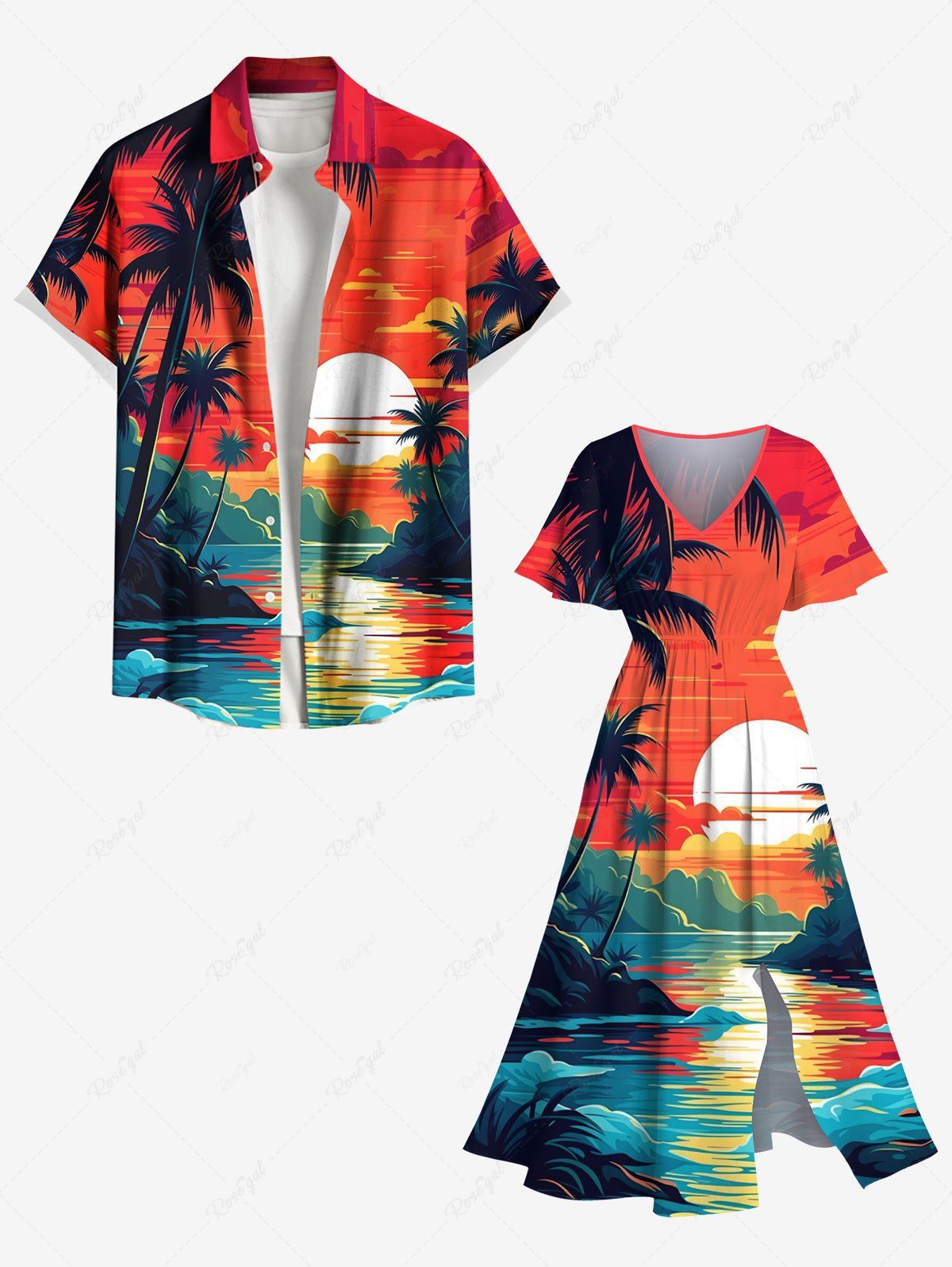 Sale Coconut Tree Seascape Sun Cloud Print Plus Size Matching Hawaii Beach Outfit For Couples  