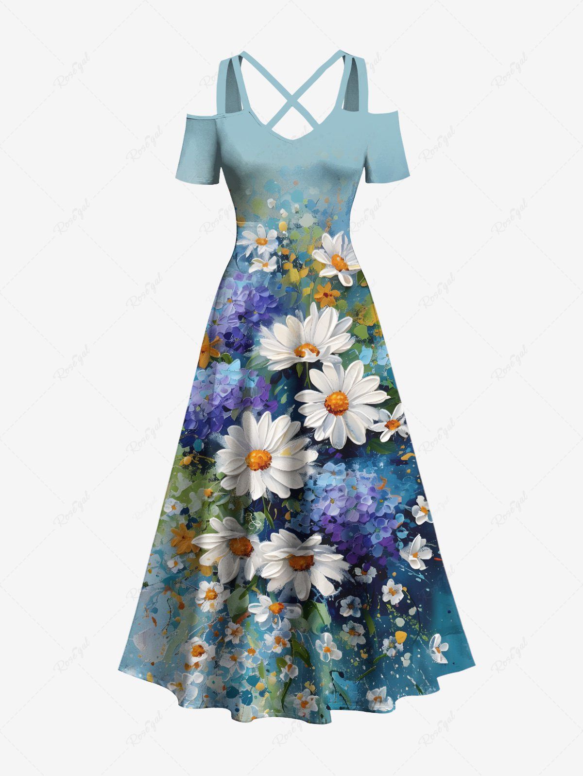 Best Plus Size Daisy Flowers Leaf Oil Painting Print Cold Shoulder Crisscross Hawaii Maxi Dress  
