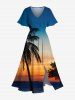 Tenue de plage hawaïenne assortie grande taille à imprimé cocotier et crépuscule pour couples - Bleu 