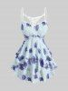 Rose Flower Tie Dye Print Cut Out Ruffles Top and High Waisted Lace Up Side Capri Pants Plus Size Outfit -  