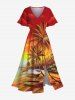 Tenue de plage hawaïenne assortie grande taille pour couple, motif cocotier, paysage marin, bateau, oiseau, nuage, ciel ombré - Orange 