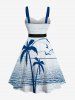 Plus Size Coconut Tree Sea Bird Print Hawaii Mock Buttons A Line Tank Dress with Removable Belt -  
