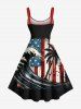 Robe trapèze hawaïenne grande taille à imprimé cocotier, drapeau américain patriotique et vagues de la mer - Noir 4X