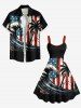 Robe trapèze hawaïenne grande taille à imprimé cocotier, drapeau américain patriotique et vagues de la mer - Noir 4X