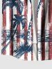 Plus Size Patriotic American Flag Coconut Tree Distressed Print Buttons Pocket Hawaii Shirt For Men -  