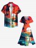 Plus Size Coconut Tree Seascape Sun Cloud Print Split Hawaii Midi Dress -  