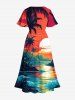 Plus Size Coconut Tree Seascape Sun Cloud Print Split Hawaii Midi Dress -  