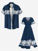 Robe mi-longue hawaïenne fendue grande taille à imprimé feuilles tropicales et fleurs d'hibiscus - Bleu profond L