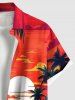 Chemise hawaïenne grande taille à imprimé cocotiers, paysage marin, soleil et nuages, boutons et poches pour homme - Orange 3XL