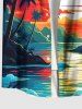 Plus Size Coconut Tree Seascape Sun Cloud Print Buttons Pocket Hawaii Shirt For Men -  