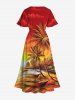 Robe mi-longue hawaïenne fendue grande taille à imprimé cocotier, paysage marin, bateau, oiseau, nuage, ciel ombré - Orange S