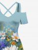 Plus Size Daisy Flowers Leaf Oil Painting Print Cold Shoulder Crisscross Hawaii Maxi Dress -  
