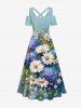 Plus Size Daisy Flowers Leaf Oil Painting Print Cold Shoulder Crisscross Hawaii Maxi Dress -  