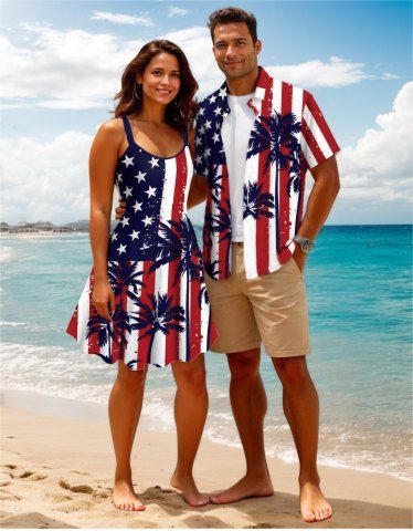 Patriotic American Flag Coconut Tree Print Plus Size Matching Hawaii Beach Outfit For Couples