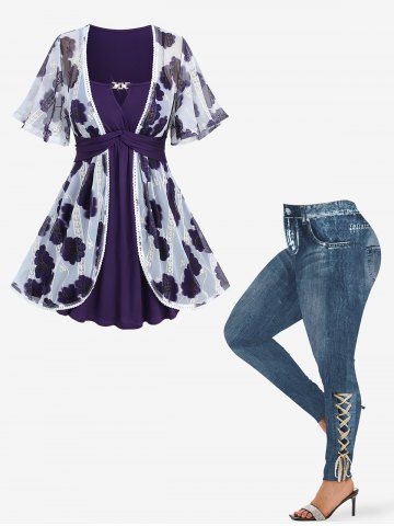 Tie Dye Floral Graphic Mesh Jacquard Embroidered Top and Distressed Ombre Denim Print Leggings Plus Size Outfit - PURPLE