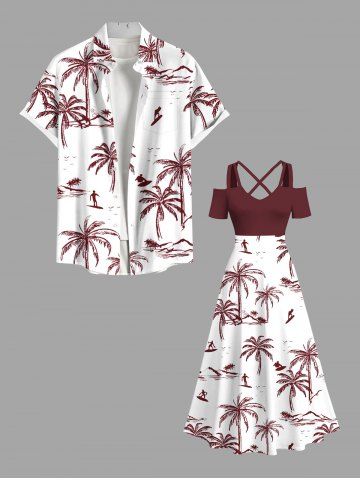 Tenue de plage hawaïenne grande taille à imprimé cocotiers et surfeurs pour couples