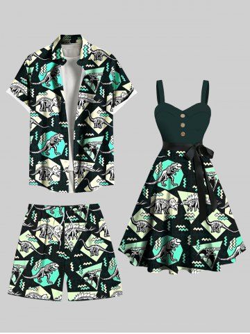 Geometric Colorblock Dinosaur Zig Zag Print Plus Size Matching Hawaii Beach Outfit For Couples - BLACK
