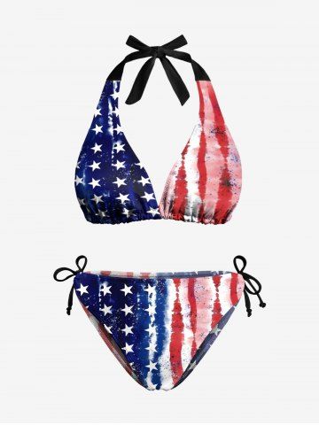 Distressed Patriotic American Flag Print Plunging Halter Backless Bikini Set - RED - 4XL