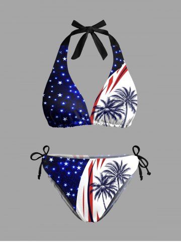 Coconut Tree Patriotic American Flag Curve Glitter Stars Print Hawaii Plunging Halter Backless Bikini Set - BLUE - 4XL