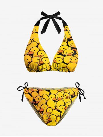 Cute Duck Print Plunging Halter Backless Tied Hawaii Bikini Set - YELLOW - 4XL