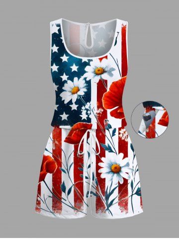 Plus Size Patriotic American Flag Floral Print Hawaii Drawstring Pocket Romper - RED - XXS