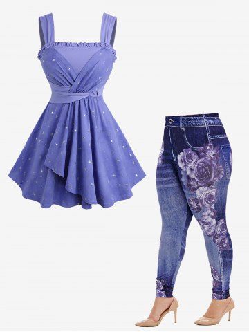 Star Silver Stamping Tulip Hem Tank Top and High Rise Floral Gym 3D Jeggings Plus Size Outfit - LIGHT BLUE