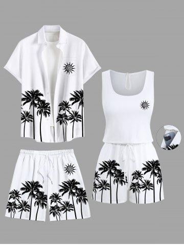 Matching Hawaii Shirt and Romper Plus Size Beach Outfit Coconut Tree Sun Printed for Couples