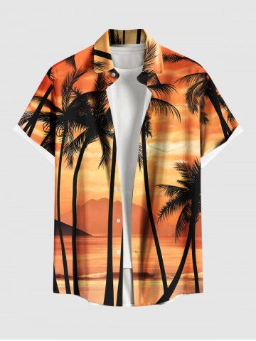 Plus Size Coconut Tree Seascape Ombre Sky Print Buttons Pocket Hawaii Shirt For Men