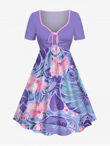 Plus Size Tropical Leaf Hibiscus Flower Print Cinched Hawaii Dress - PURPLE - 6X