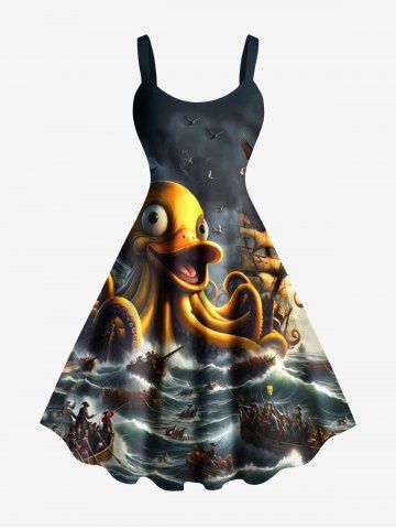 Plus Size Octopus Ship Sea Waves Cruise Print Hawaii Tank Dress - BLACK - 6X