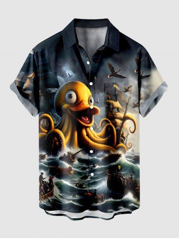 Plus Size Octopus Ship Sea Waves Cruise Print Buttons Pocket Hawaii Shirt For Men - BLACK - S