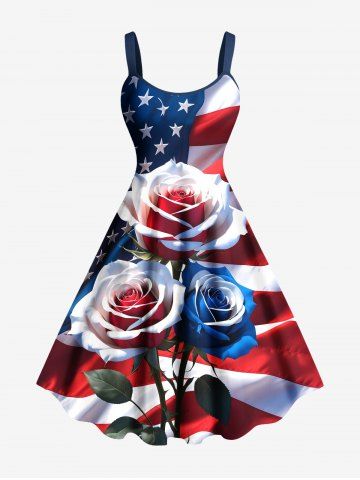 Plus Size Patriotic American Flag Rose Flower Print Tank Dress - RED - XXS