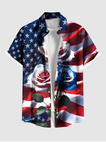 Plus Size Patriotic American Flag Rose Flower Print Buttons Pocket Shirt For Men - RED - 4XL