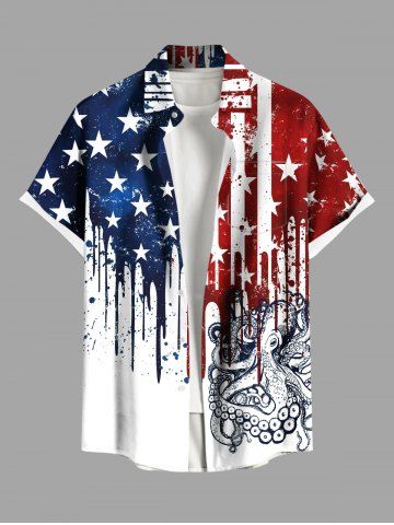 Plus Size Patriotic American Flag Octopus Paint Drops Print Buttons Pocket Shirt For Men - WHITE - 6XL