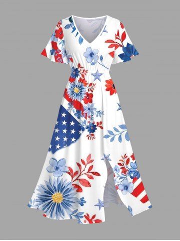 Plus Size Patriotic American Flag Floral Leaves Print Hawaii Split Pocket A Line Midi Dress - WHITE - 6X