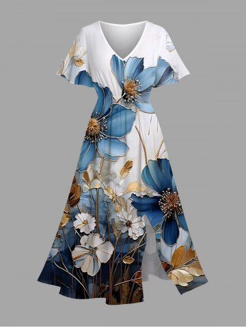 Plus Size Metallic Flowers Print Split Hawaii Midi Dress - MULTI-A - XXS