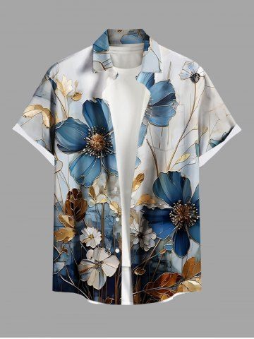 Plus Size Metallic Flowers Print Buttons Pocket Hawaii Shirt For Men