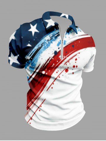 Plus Size Patriotic American Flag Painting Splatter Print Zipper Turn-down Collar Polo Shirt For Men - WHITE - 5XL
