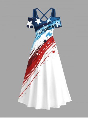 Plus Size Patriotic American Flag Painting Splatter Print Cold Shoulder Crisscross A Line Maxi Dress - WHITE - XXS