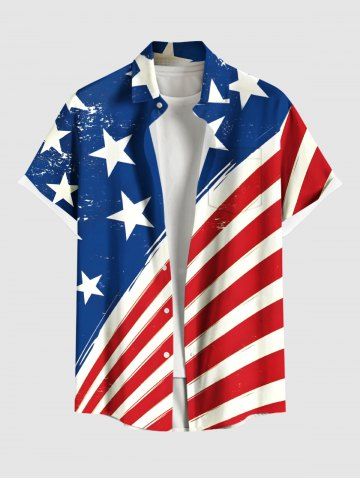 Plus Size Patriotic American Flag Striped Print Button Pocket Shirt For Men - RED - 6XL