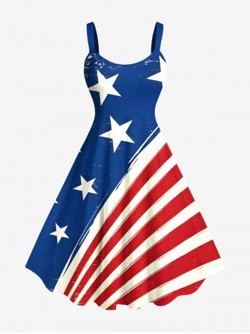 Plus Size Patriotic American Flag Striped Print A Line Tank Dress - BLUE - 3X