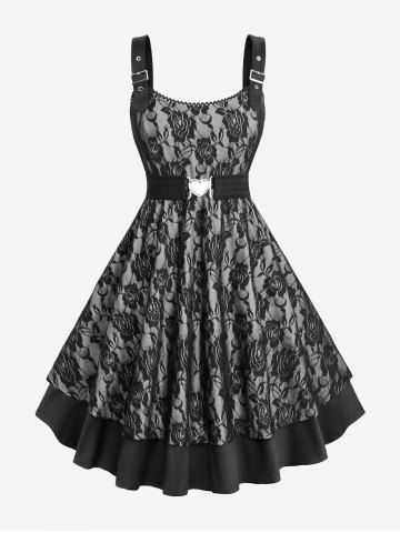 Robe trapèze grande taille à empiècements superposés en dentelle et fleurs roses avec ceinture amovible - SILVER - 5X | US 30-32