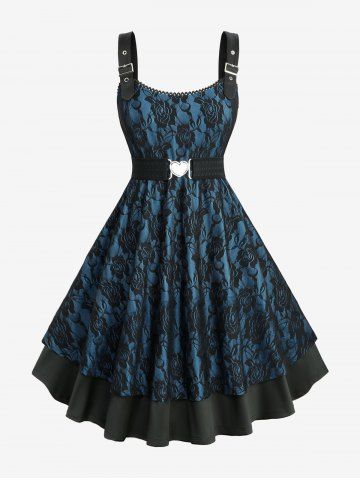 Plus Size Rose Flower Lace Panel Layered A Line Dress with Removable Belt - GREEN - 4X | US 26-28