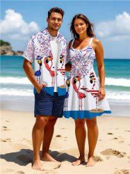 Colorful Patriotic American Flag Fireworks Flamingo Print Plus Size Matching Hawaii Beach Outfit For Couples -  