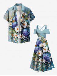 Impression de peinture à l'huile de marguerites et de feuilles, grande taille, tenue de plage hawaïenne assortie pour couples - Multi-A 