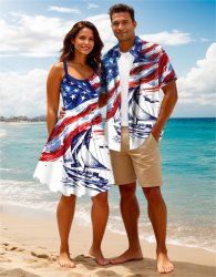 Patriotic American Flag Ship Paint Splatter Print Plus Size Matching Hawaii Beach Outfit For Couples -  